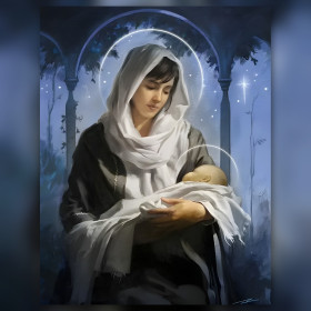 Vergine Maria con Gesù Bambino sotto aureola luminosa strass scintillanti