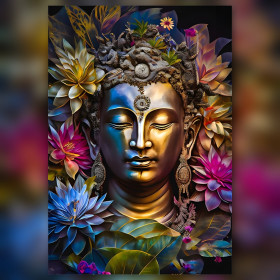Diamant schilderij serene Boeddha omringd door glinsterende gouden en azuurblauwe lotussen