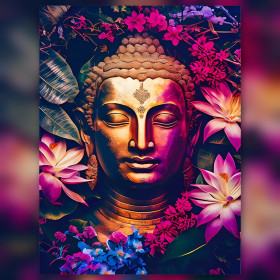 Buddha dorato circondato da fiori esotici rosa e viola in pittura a diamanti