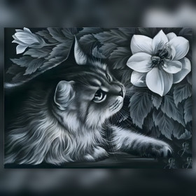 Chat contemplatif et fleur d'été en diamond painting strass brillants