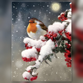Pettirosso su ramo innevato con bacche rosse pittura a diamanti strass brillanti