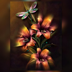 Diamond painting oranje lelies en iriserende libelle glinsterende steentjes