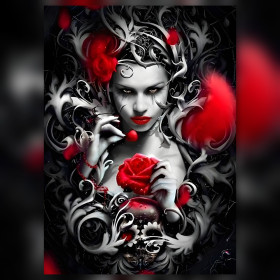 Gothic diamond painting woman with red roses and shiny rhinestones