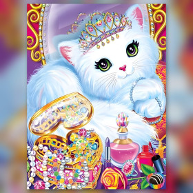 Chat blanc couronné avec bijoux et strass brillants diamond painting