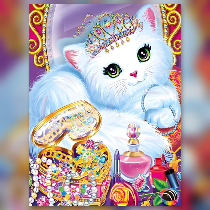 Chat blanc couronné avec bijoux et strass brillants diamond painting