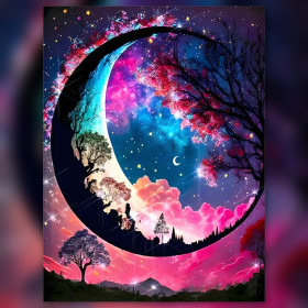 Kosmischer Mond mit feurigem Laub Diamantmalerei glänzende Strasssteine