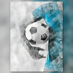Diamond painting soccer player hand holding ball shiny rhinestones blue