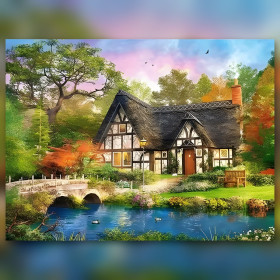 Cottage inglese con ponte e anatre in pittura a diamanti lucenti