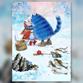 Diamond painting étreinte hivernale chats pêcheurs poissons strass brillants
