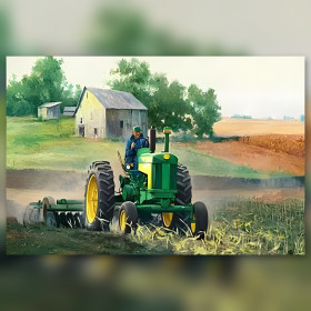 Tracteur vert et jaune dans les champs diamond painting strass brillants