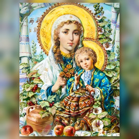 Vierge Marie et Enfant Jésus aux baies rouges diamond painting strass brillants