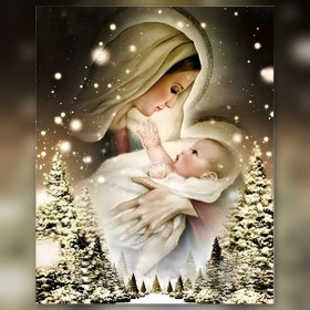 Diamond painting Vergine Maria e Bambino Gesù nella neve strass brillanti