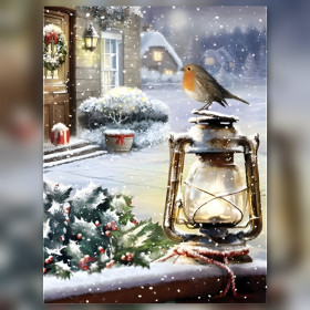 Roodborstje op sneeuwbedekte kerstlantaarn diamond painting glinsterende strass