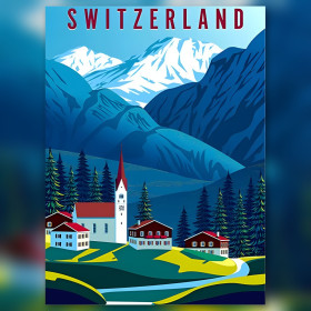 Toile de diamond painting Village Alpin sous les Cimes Enneigées broderie diamant kit complet