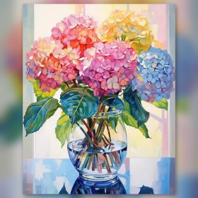Bouquet d'hortensias arc-en-ciel en diamond painting strass brillants vase transparent