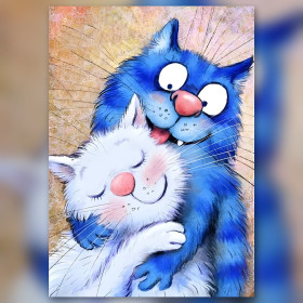Diamond painting chats bleu et blanc enlacés tendresse féline strass brillants