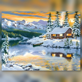 Diamond painting kit Reflets d'Hiver au Chalet Enneigé fonkelende steentjes op canvas