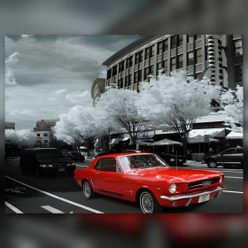 Rode Ford Mustang diamond painting doek glinsterende steentjes monochroom stedelijk achtergrond