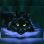 Chat noir aux yeux verts sur coussin violet diamond painting strass brillants