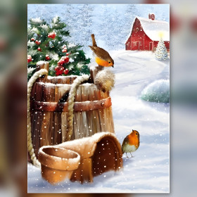 Diamond painting rouge-gorges sous la neige avec tonneau et sapin