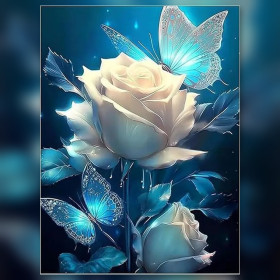 Diamond painting rosa bianca e farfalle turchesi strass brillanti