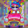 Chat psychédélique coloré au volant voiture rose diamond painting strass brillants