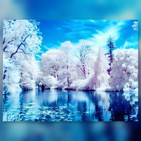 Sneeuwbedekt bos meer diamond painting glinsterende steentjes kunst