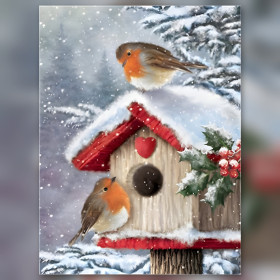 Rotkehlchen auf schneebedecktem Vogelhäuschen mit Stechpalme funkelndes Diamantbild