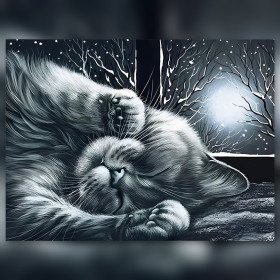 Chat duvet endormi sous la lune d'hiver diamond painting strass brillants
