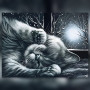 Chat duvet endormi sous la lune d'hiver diamond painting strass brillants