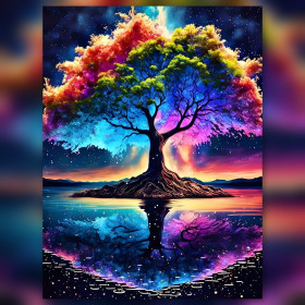 Arbre de vie coloré sous ciel étoilé en diamond painting strass brillants