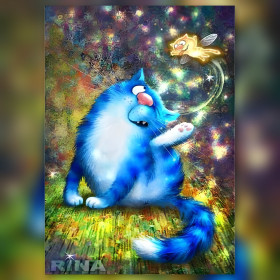 Chat bleu magique et fée lumineuse en diamond painting strass brillants