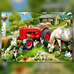 Tracteur rouge et animaux de ferme en diamond painting strass brillants