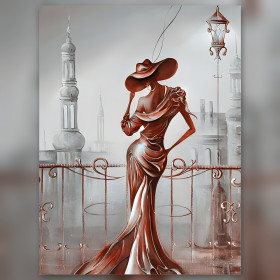 Diamant schilderij elegante vrouw koperkleurige jurk balkon glinsterende steentjes