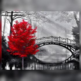 Leuchtend roter Baum neblige Brücke Diamond Painting Canvas Strasssteine
