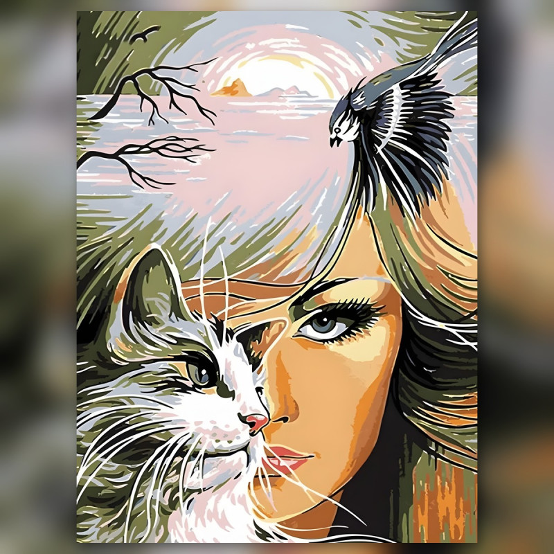 Diamond painting femme féline coucher soleil strass brillants