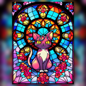 Chat violet assis dans vitrail coloré avec fleurs roses et strass brillants