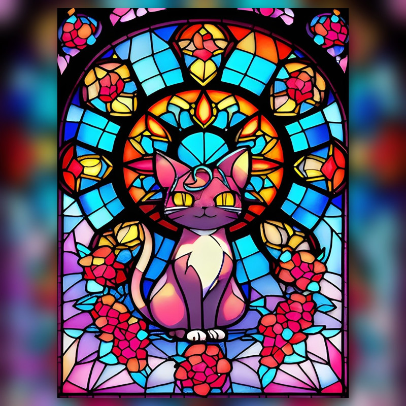 Chat violet assis dans vitrail coloré avec fleurs roses et strass brillants