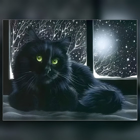 Toile de diamond painting Chat Noir aux Yeux de Jade sous la Neige broderie diamant kit complet