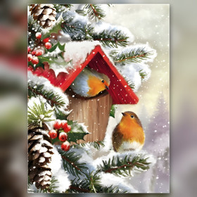 Robins on red snowy birdhouse with holly and shiny diamond painting rhinestones