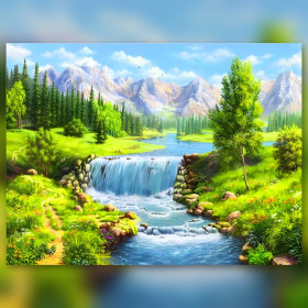 Green valley waterfall mountains diamond painting shiny rhinestones kit