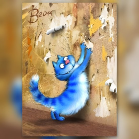 Chat bleu coquin déchirant le mur en diamond painting brillant