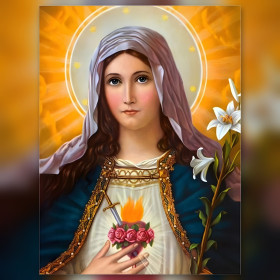 Onbevlekt Hart Maagd Maria diamant schilderij glinsterende steentjes witte lelie