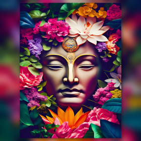 Heiliges Gesicht umgeben von bunten Lotusblumen Diamond Painting