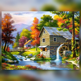 Herfstwatermolen met levendige kleuren diamant schilderij afgewerkt kunstwerk