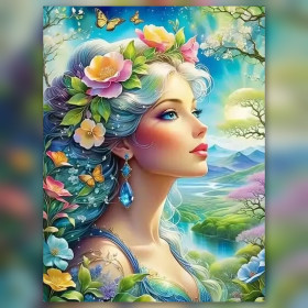 Floral woman diamond painting with butterflies dreamy landscape shiny rhinestones