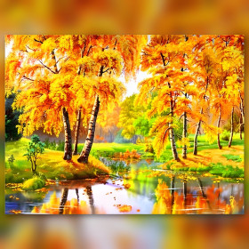 Gouden herfst diamond painting bomen rivier reflecties glinsterende steentjes