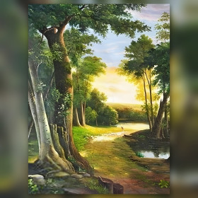 Diamond painting forêt au coucher de soleil avec strass brillants