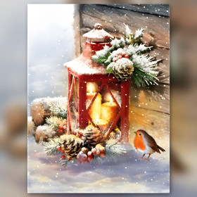 Toile de diamond painting Lanterne de Noël au Rouge-Gorge broderie diamant kit complet