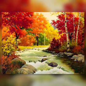 Rivière d'automne aux couleurs flamboyantes en diamond painting strass brillants
